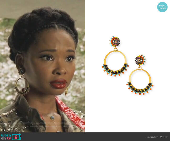 Brandyce Hoop Drop Earrings by Elizabeth Cole worn by Monica Colby (Wakeema Hollis) on Dynasty