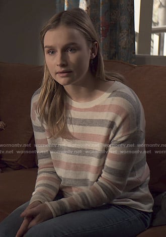Elle's pink and grey striped sweater on The Society