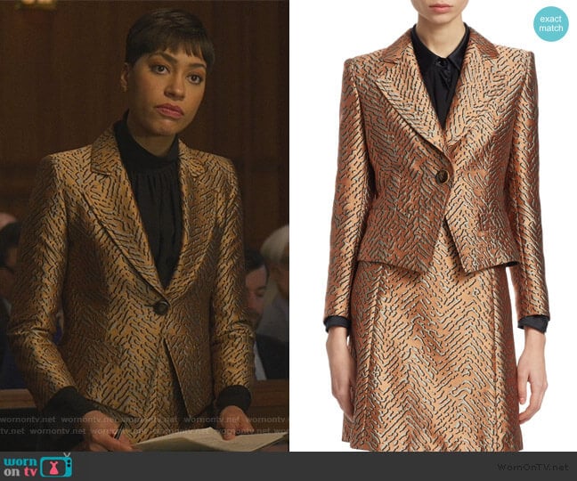 One-Button Animal Jacquard Jacket by Emporio Armani worn by Lucca Quinn (Cush Jumbo) on The Good Fight