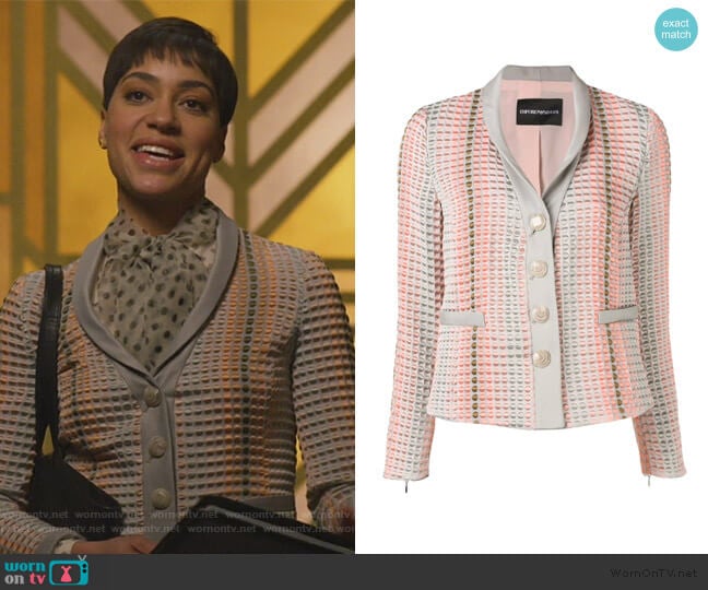 textured button blazer by Emporio Armani worn by Lucca Quinn (Cush Jumbo) on The Good Fight