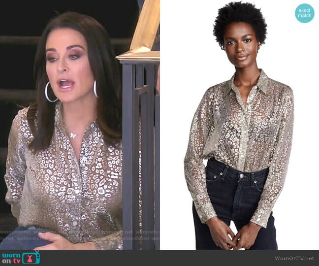 Metallic Leopard Lace Essential Button Down Shirt by Equipment worn by Kyle Richards on The Real Housewives of Beverly Hills