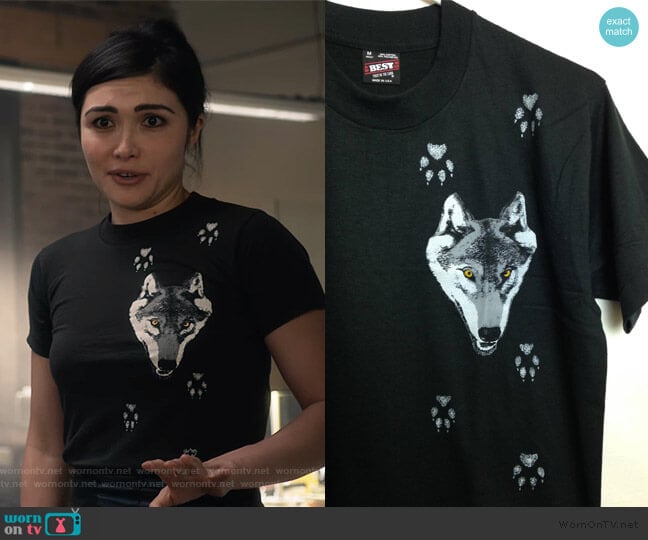 Vintage 1980s Deadstock Wolf and Paw Print T-Shirt worn by Cassidy Barrett (Daniella Pineda) on What/If