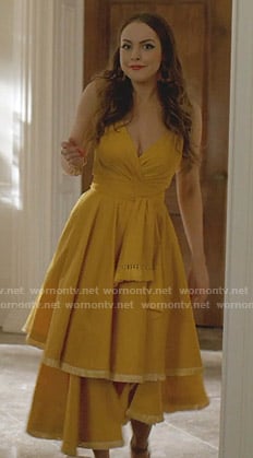 Fallon's yellow fringed tiered dress on Dynasty