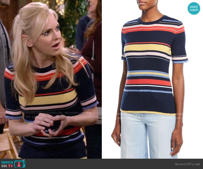 Frame Crewneck Short-Sleeve Striped Rib-Knit Top worn by Christy Plunkett (Anna Faris) on Mom