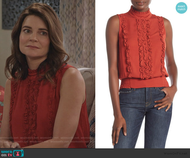 Ruffled Mock Neck Sleeveless Blouse by Frame Denim worn by Heather Hughes (Betsy Brandt) on Life in Pieces