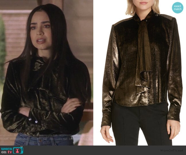 Tie Neck Metallic Velvet Top by Frame Denim worn by Ava Jalali (Sofia Carson) on Pretty Little Liars The Perfectionists