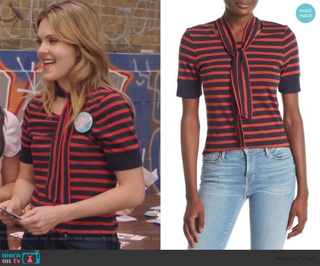 Striped Tie Neck Tee by Frame Denim worn by Sutton (Meghann Fahy) on The Bold Type