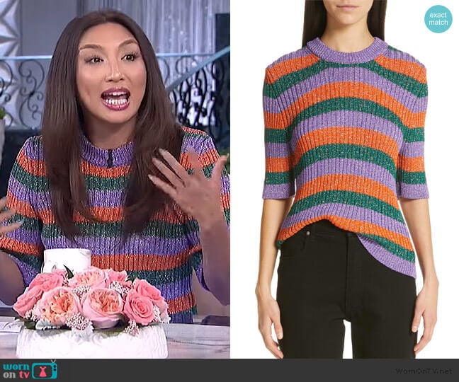 Metallic Stripe Sweater by Ganni worn by Jeannie Mai on The Real