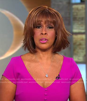 Gayle King’s pink buttoned v-neck dress on CBS Mornings