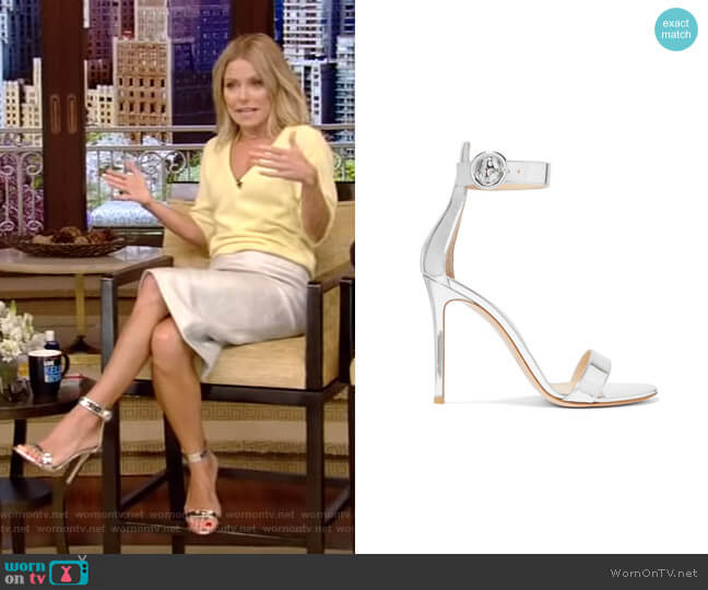 Portofino Metallic Leather Sandals by Gianvito Rossi worn by Kelly Ripa on Live with Kelly and Mark