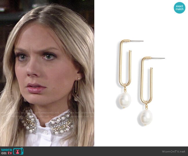 Halogen Pearl Geo Hoop Drop Earrings worn by Abby Newman (Melissa Ordway) on The Young and the Restless