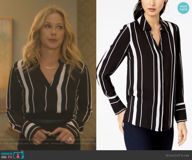 WornOnTV: Jen’s black striped blouse and pencil skirt on Dead to Me ...