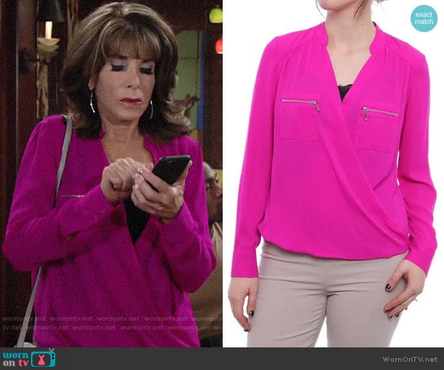 INC International Concepts Women's Zipper-Pocket Surplice Blouse worn by Esther Valentine (Kate Linder) on The Young and the Restless