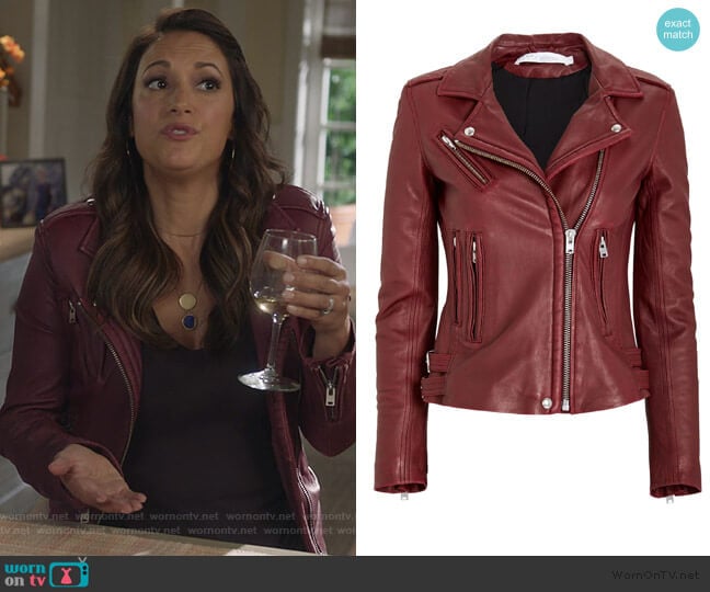 Han Leather Moto Jacket by IRO worn by Colleen Brandon-Ortega (Angelique Cabral) on Life in Pieces