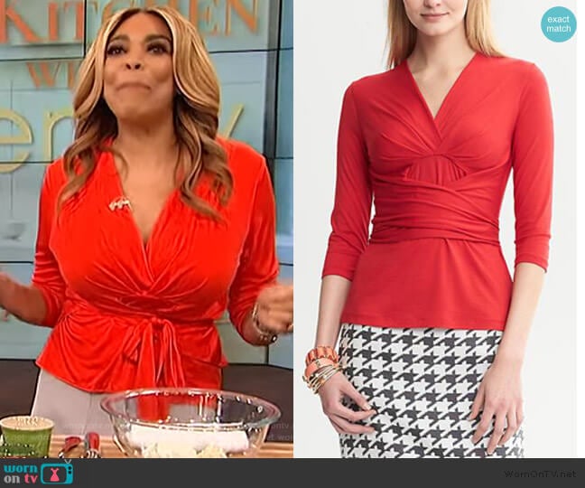 Red Wrap Top by Issa London worn by Wendy Williams on The Wendy Williams Show