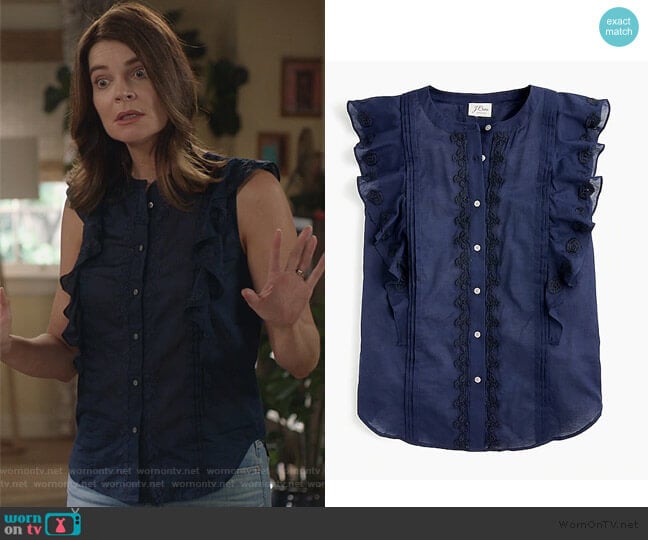 Point Sur sleeveless embroidered flutter top by J. Crew worn by Heather Hughes (Betsy Brandt) on Life in Pieces