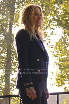 Jen's navy double breasted blazer on Dead to Me