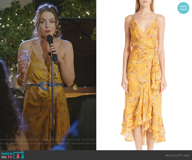 Daffodil Print Silk Midi Dress by Johanna Ortiz worn by Fallon Carrington (Elizabeth Gillies) on Dynasty