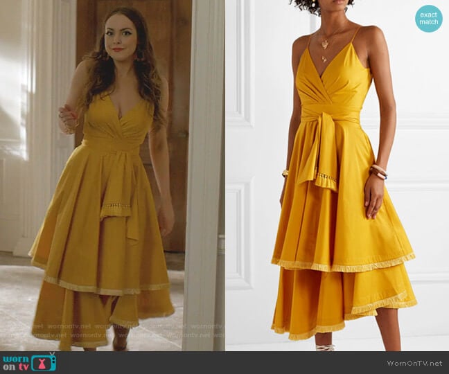 Tiered Fringed Poplin Midi Dress by Johanna Ortiz worn by Fallon Carrington (Elizabeth Gillies) on Dynasty