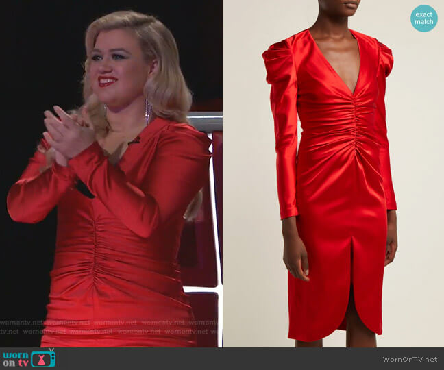 Puff-Sleeve Ruched Satin Midi Dress by Jonathan Simkhai worn by Kelly Clarkson  on The Voice