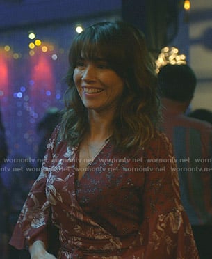 Judy’s red floral wrap dress on Dead to Me