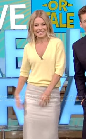 Kelly's yellow sweater and metallic pencil skirt on Live with Kelly and Ryan