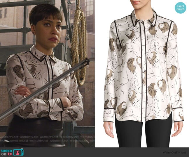 Scottie Leo Print Silk Blouse by Lafayette 148 worn by Lucca Quinn (Cush Jumbo) on The Good Fight