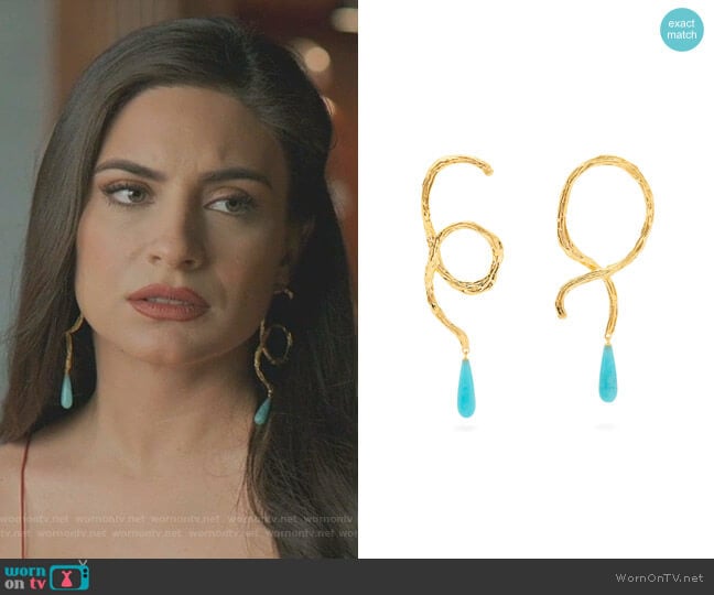 Cursive 18K Goldplated & Turquoise Drop Earrings by Lizzie Fortunato worn by Cristal Jennings (Daniella Alonso) on Dynasty