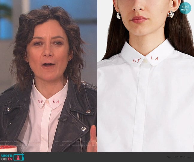 Claudine Embroidered Cotton Poplin Blouse by Maison Labiche worn by Sara Gilbert on The Talk