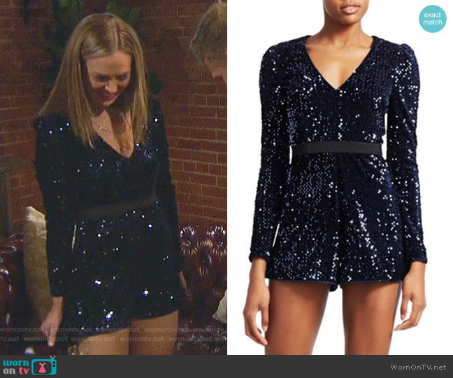 Long-Sleeve Sequin V-Neck Romper by ML Monique Lhuillier worn by Hannah Brown on The Bachelorette