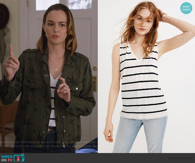 Whisper Cotton V-Neck Pocket Tank in Creston Stripe by Madewell worn by Angie (Leighton Meester) on Single Parents