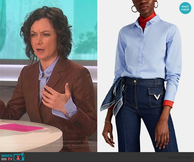 Claudine Embroidered Cotton Blouse by Maison Labiche worn by Sara Gilbert on The Talk