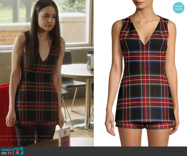 Plaid Suit Romper by Maje worn by Ava Jalali (Sofia Carson) on Pretty Little Liars The Perfectionists
