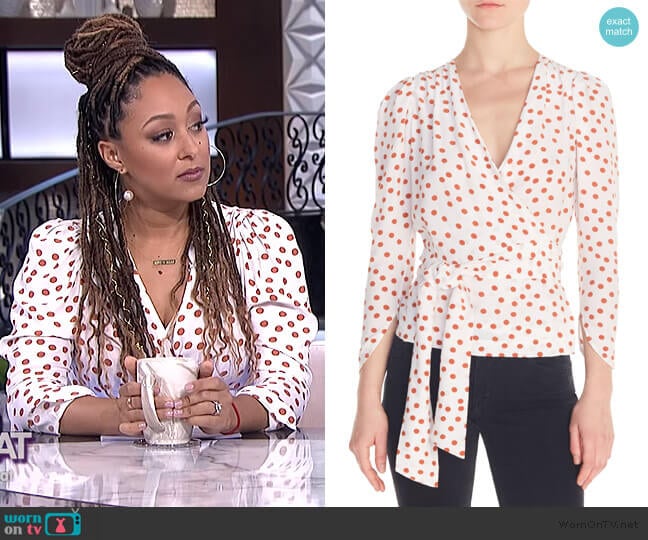 Polka Dot Wrap Blouse by Maje worn by Tamera Mowry on The Real