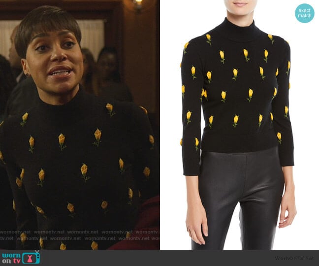 Rose-Embroidered Cropped Sweater by Michael Kors worn by Lucca Quinn (Cush Jumbo) on The Good Fight