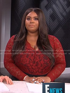 Nina’s red floral lace top on E! News