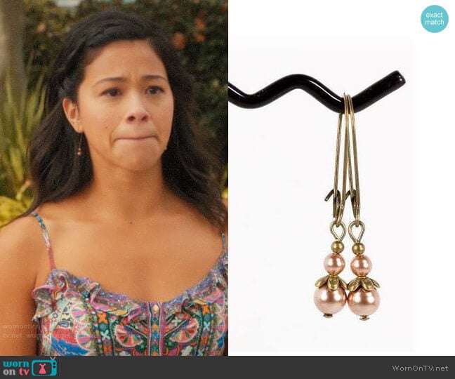 NouveauTique Pearl Antique Brass Drop Earrings worn by Jane Villanueva (Gina Rodriguez) on Jane the Virgin