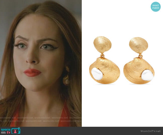 Gold-Tone Faux Pearl Clip Earrings by Oscar de la Renta worn by Fallon Carrington (Elizabeth Gillies) on Dynasty