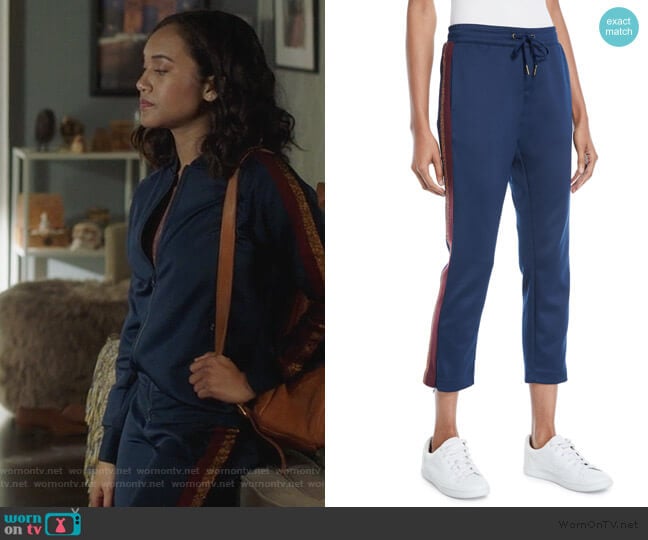 Cropped Drawstring Sweatpants with Metallic Stripes by Pam & Gela worn by Caitlin Martell-Lewis (Sydney Park) on Pretty Little Liars The Perfectionists