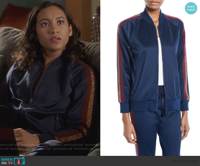 Zip-Front Track Jacket with Metallic Stripes by Pam & Gela worn by Caitlin Martell-Lewis (Sydney Park) on Pretty Little Liars The Perfectionists