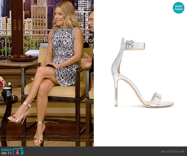 Portofino Metallic Leather Sandals by Gianvito Rossi worn by Kelly Ripa on Live with Kelly and Mark