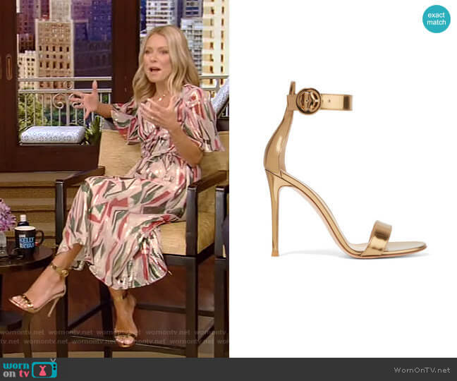 Portofino Metallic Leather Sandals by Gianvito Rossi worn by Kelly Ripa on Live with Kelly and Mark