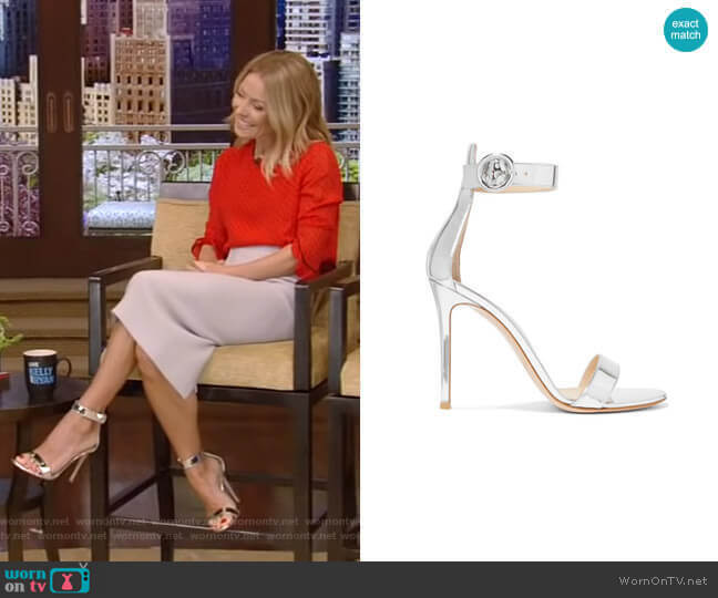 Portofino Metallic Leather Sandals by Gianvito Rossi worn by Kelly Ripa  on Live with Kelly & Ryan