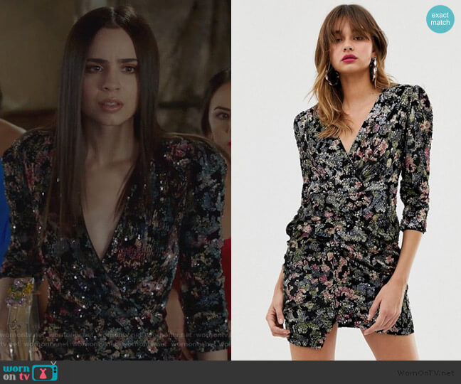 River Island ruched sequin dress by ASOS worn by Ava Jalali (Sofia Carson) on PLL The Perfectionists