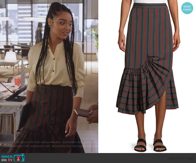 Barcode Stripe Ruffle-Hem Skirt by Rosetta Getty worn by Kat Edison (Aisha Dee) on The Bold Type