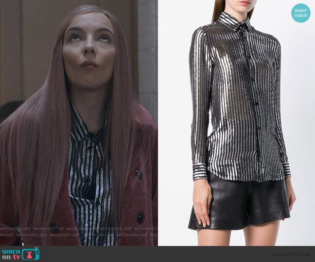 semi-sheer striped shirt by Saint Laurent worn by Villanelle (Jodie Comer) on Killing Eve