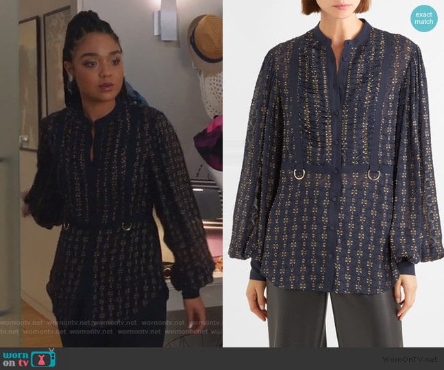 Fil coupé chiffon blouse by Self Portrait worn by Kat Edison (Aisha Dee) on The Bold Type