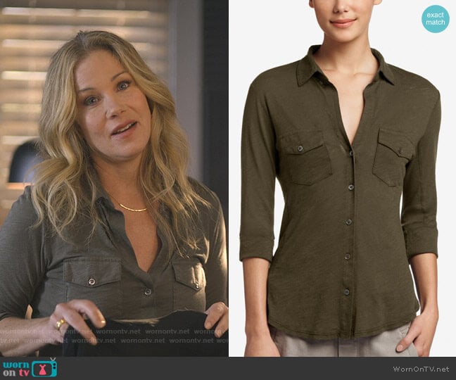 Sheer Slub Side Panel Shirt by James Perse worn by Jen Harding (Christina Applegate) on Dead to Me