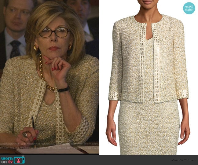 Gilded Eyelash Knit Jacket with Hand-Beaded Trim by St. John worn by Diane Lockhart (Christine Baranski) on The Good Fight