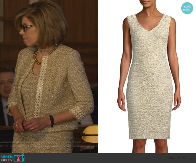 Sleeveless Gilded Eyelash Metallic Sheath Dress by St. John worn by Diane Lockhart (Christine Baranski) on The Good Fight